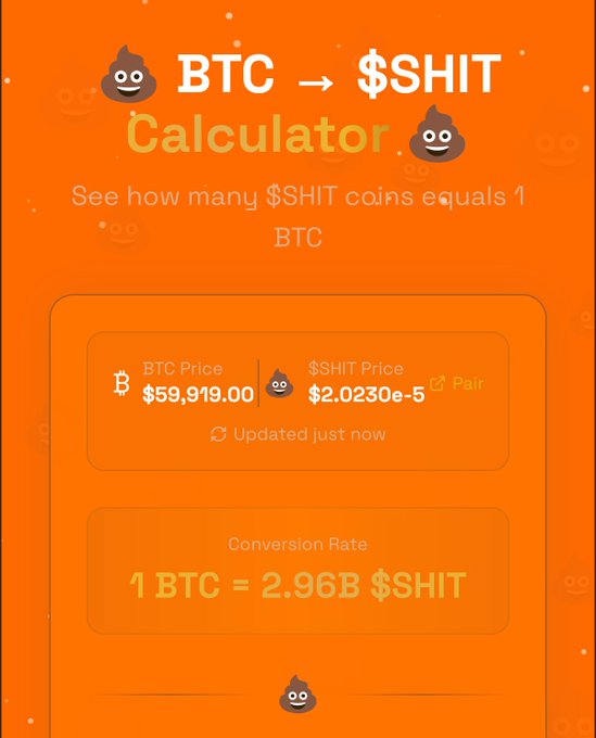 A BTC to $SHIT Calculator graphic on an orange background showing BTC Price at $59,919.00 and $SHIT Price at $2.0230e-5, with a conversion rate of 1 BTC = 2.96B $SHIT.