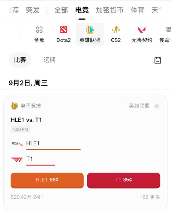 Screenshot of a Chinese esports betting platform showing a League of Legends (英雄联盟) match between HLE1 and T1 at 4:00 PM, with odds of HLE1 66¢ and T1 35¢.