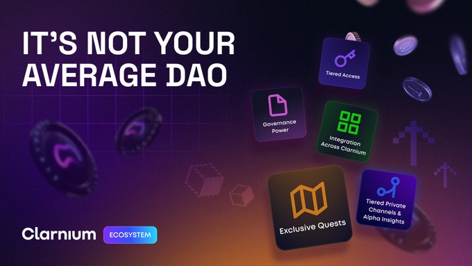 The image features a purple background with various icons representing different aspects of an ecosystem or cryptocurrency platform. The text "It's not your average DAO" is written above the icons, indicating that the focus should be on the Alpha DAO aspect rather than the traditional DAO concept. This emphasizes the importance of early discovery and participation in the ecosystem for those who find it interesting.