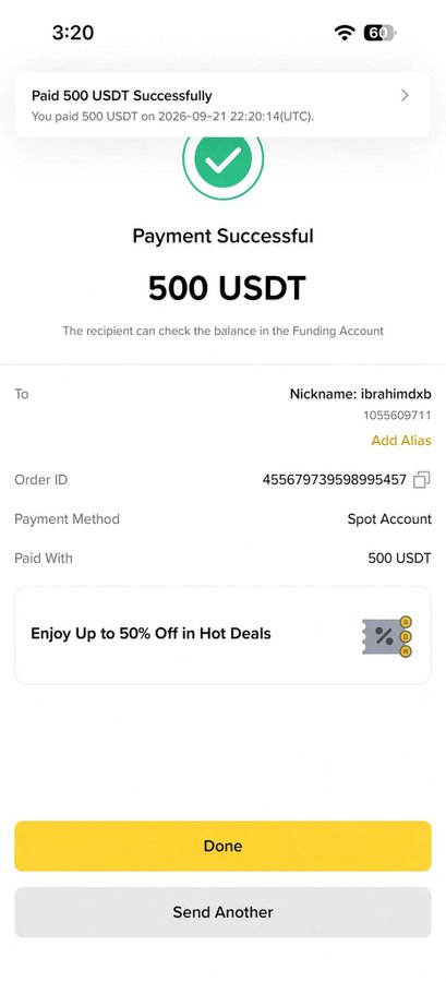 Mobile payment confirmation screen showing 'Payment Successful 500 USDT' sent to 'ibrahimdxb' (1055609711) with order ID 455679739598995457 via Spot Account, timestamped 2026-09-21.