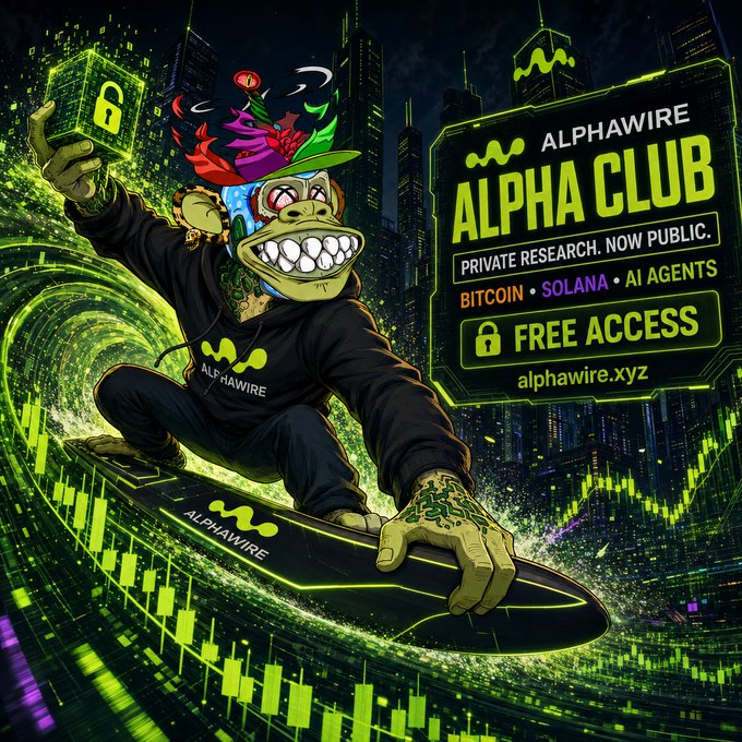 A promotional graphic for AlphaWire's "ALPHA CLUB," depicting a monkey in a hoodie surfing a wave of neon green stock charts while holding a gold padlock cube, with text advertising free access at alphawire.xyz.