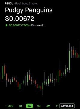 A Robinhood Crypto chart for PENGU token 'Pudgy Penguins' at $0.00672, up 7.55% past week.