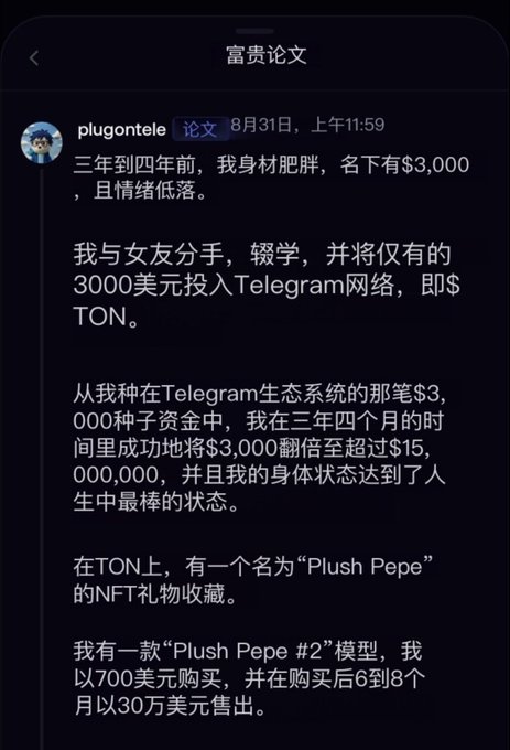 A screenshot of a Chinese-language forum post (labeled "富贵论文") by user "plugontele" dated August 31 at 11:59 AM, titled "论文" (Essay). The post details a rags-to-riches crypto story: 3-4 years ago the author was overweight, depressed, and had only $3,000 after a breakup and dropping out of school, then invested everything into Telegram's TON network. He claims to have grown that $3,000 seed into over $15,000,000, and mentions owning "Plush Pepe #2," an NFT he bought for $700 and sold 6-8 months later for $300,000, mirroring the referenced post about an inexplicable crypto success story on the TON ecosystem.