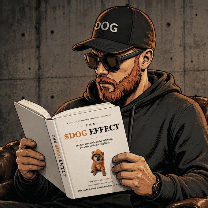 An illustrated image of a bearded man wearing sunglasses and a 'DOG' cap reading a book titled 'THE $DOG EFFECT'.