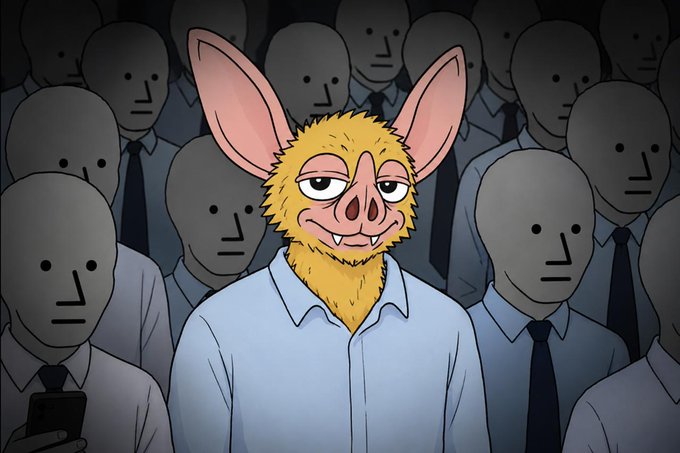 A cartoon bat-like humanoid with large pink ears and yellow fur stands out among a crowd of identical, faceless gray figures wearing shirts and ties. Illustrating the "hoodrat against the world" sentiment, the distinct character embodies individuality and self-expression in stark contrast to the uniform, expressionless masses surrounding him.