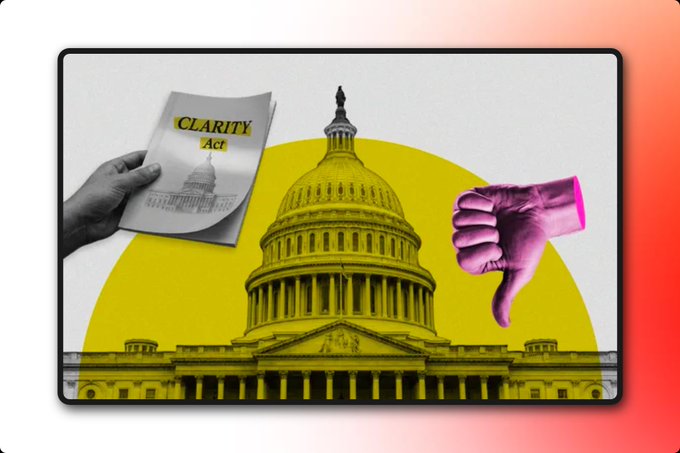A political collage showing a grayscale hand holding a paper labeled 'CLARITY Act' over the U.S. Capitol dome on a yellow background, with a pink-tinted thumbs-down hand on the right side.