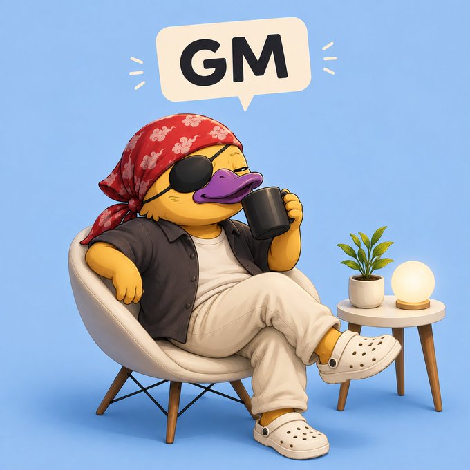 A 3D-rendered cartoon duck character wearing an eyepatch, red bandana, and casual clothes, relaxing in a chair with a coffee mug and a speech bubble saying 'GM' (Good Morning).