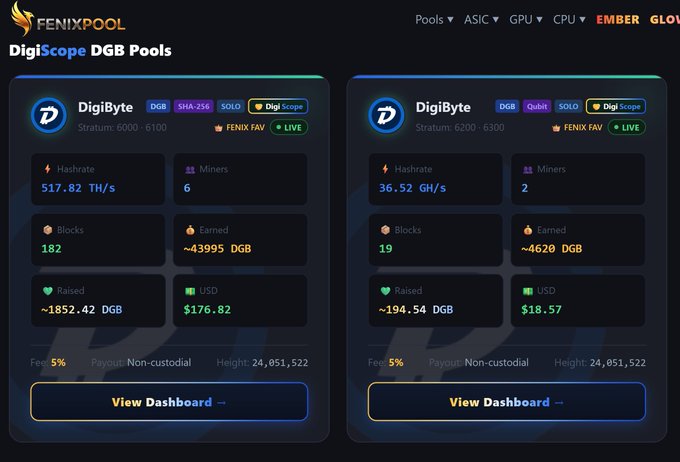 FENIXPOOL DigiScope dashboard displaying two mining pool statistics: DigiByte (DGB) SHA-256 SOLO pool with 517.82 TH/s hash rate and 6 miners, and DigiByte (DGB) Qubit SOLO pool with 36.52 GH/s and 2 miners.