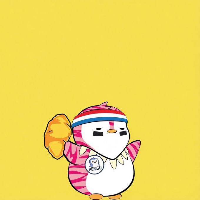 The Pudgy Penguins mascot PENGU illustrated as a small penguin wearing a pink and white striped hooded outfit with a headband, holding a baseball glove, with a 'PENGU' badge on its chest, set against a yellow background.