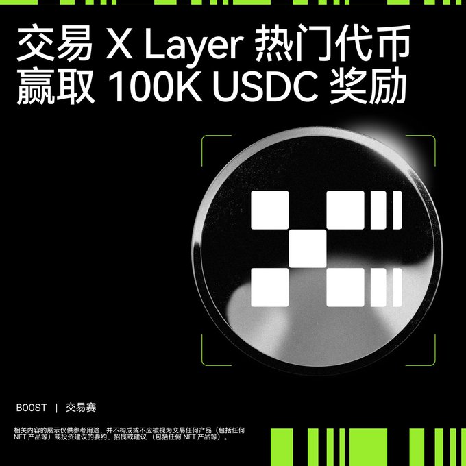 A promotional graphic in Chinese for an X Layer trading competition offering 100K USDC rewards for trading popular tokens, featuring an OKX logo.