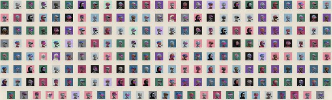 A grid displaying numerous small, colorful square tiles, each featuring a unique 3D character head or avatar, likely an NFT collection.