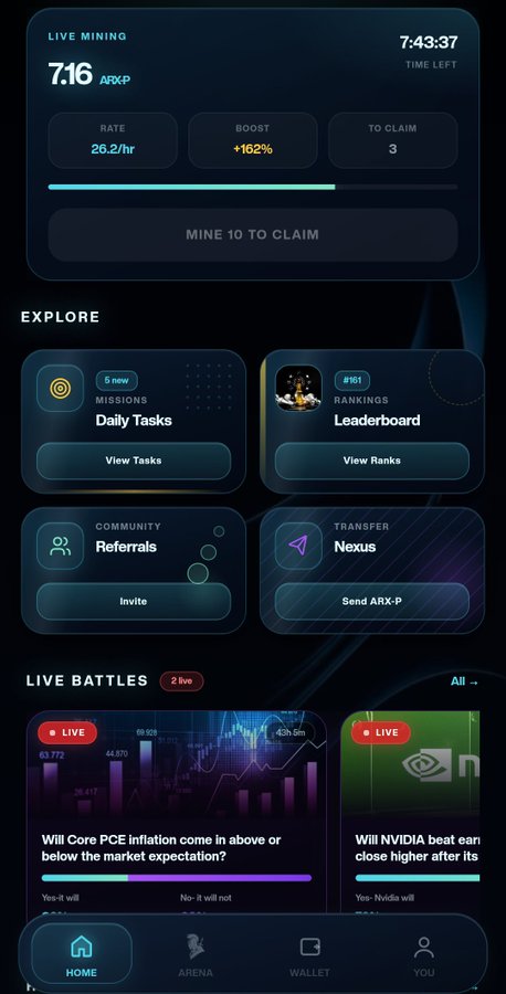 A dark-themed app interface displays 'LIVE MINING' showing 7.16 ARX-P at 26.2/hr with a 162% boost, along with 'EXPLORE' options including Daily Tasks, Leaderboard, Referrals, and Nexus, plus 'LIVE BATTLES' about Core PCE Inflation and NVIDIA.