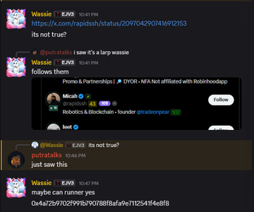 A Discord chat shows "Wassie" sharing a Rapish NFT link and referencing a tweet by @inputalkbtc about a "Robotics & Blockchain" founder trading "NFA Not affiliated with Robinhoodapp," followed by "putratalk" suggesting "just saw this" and "Wassie" noting "maybe can runner yes" with a contract address. The post's boast of a "15x in an hour" aligns with the screenshot's reference to a crypto asset that seemingly pumped shortly after being shared in the channel.