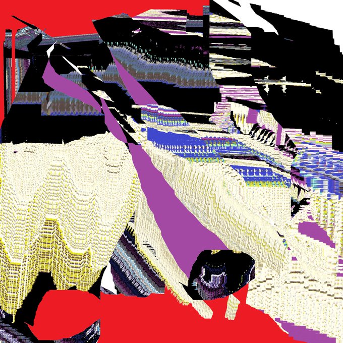 Glitchy, pixelated digital artwork with abstract geometric shapes in red, purple, black, and textured cream tones resembling a fragmented landscape.