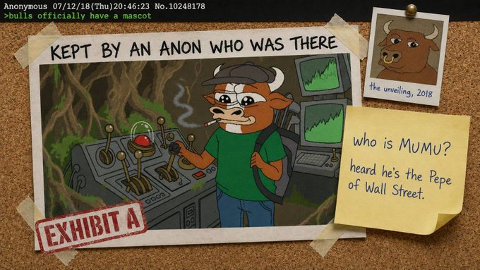 An anonymous 4chan post dated 07/12/18 featuring 'Exhibit A' - an image of a bull smoking a cigarette in a control room, labeled 'the unveiling, 2018', with a sticky note asking 'who is MUMU? heard he's the Pepe of Wall Street.'