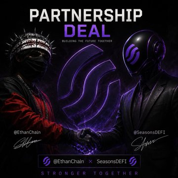 A partnership announcement graphic showing two figures shaking hands—one wearing a spiked crown and mask representing @EthanChain, and the other in a sleek purple helmet representing @SeasonsDEFI—with "PARTNERSHIP DEAL" and "BUILDING THE FUTURE TOGETHER" displayed prominently, celebrating EthanChain becoming an ambassador for the $SEAS liquidity system as mentioned in the accompanying post.