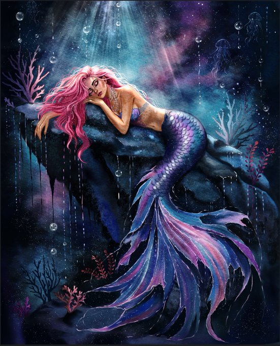 A fantasy illustration of a pink-haired mermaid with a purple and pink tail resting on a rock in an underwater scene with jellyfish and coral.