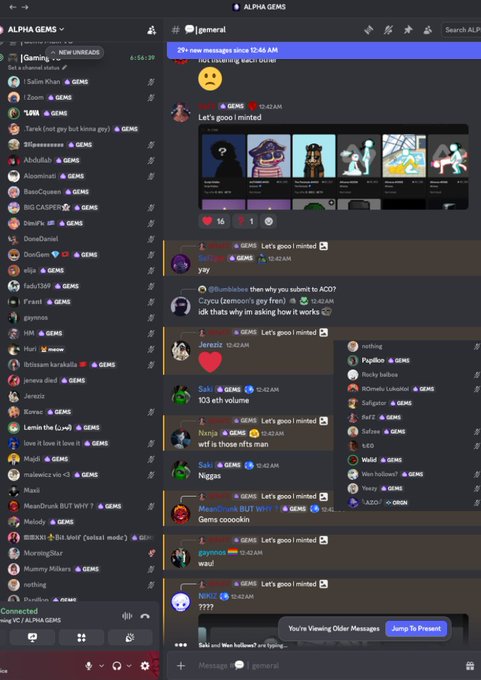 A screenshot of a Discord chat in the 'ALPHA GEMS' server showing a busy general channel with users discussing various topics.