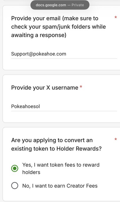 A Google Form application showing fields for email ('Support@pokeahoe.com'), X username ('Pokeahoesol'), and a selected option to convert an existing token to Holder Rewards.
