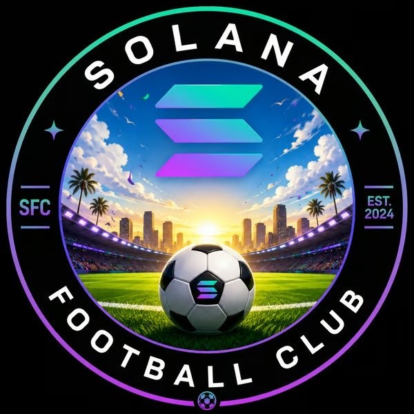 The image features a soccer ball with the words "SOLANA FOTBALL CLUB" written around it, along with the text "I buy $SOLFC coins $SOLFC on SOL is quietly cooking. 120k Active builder Consistent updates Growing community Still under the radar. Don't be surprised when people start chasing higher." The soccer ball is located in the center of a circular logo surrounded by a purple and green border, with a city skyline visible in the background.