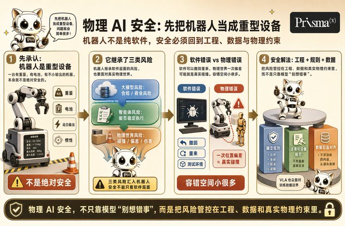 An infographic titled '物理 AI 安全：先把机器人当成重型设备' by Prisma, explaining that physical AI safety requires engineering, data, and physical constraints, not just software, with sections on acknowledging robots as heavy equipment, three risk categories, software vs physical errors, and safety solutions.