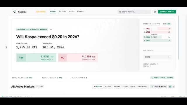 The image features a computer screen displaying an incoming market prediction project for the cryptocurrency "Kaspa". The project, launched by Kaspa Co-Founders, aims to provide real-time insights into cryptocurrency trading activity. This feature allows traders to stay informed about price fluctuations and trends in the cryptocurrency market. The image includes text on the screen that reads: "Incoming ?" prediction market project will run natively on Kaspa co- ordinals."