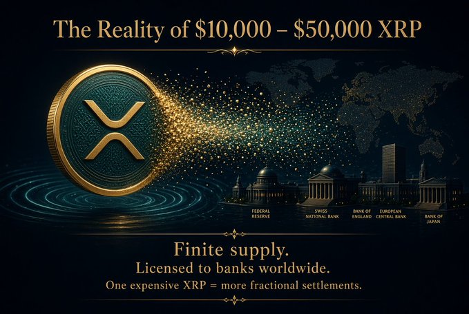 A promotional graphic featuring a large gold XRP coin against a dark background, with golden particles flowing from it toward silhouetted major world banks (Federal Reserve, Swiss National Bank, Bank of England, European Central Bank, Bank of Japan). The headline reads "The Reality of $10,000 – $50,000 XRP," with supporting text claiming "Finite supply. Licensed to banks worldwide. One expensive XRP = more fractional settlements," visually reinforcing the post's hypothesis that XRP's limited supply combined with Ripple's banking partnerships will drive its price dramatically higher.