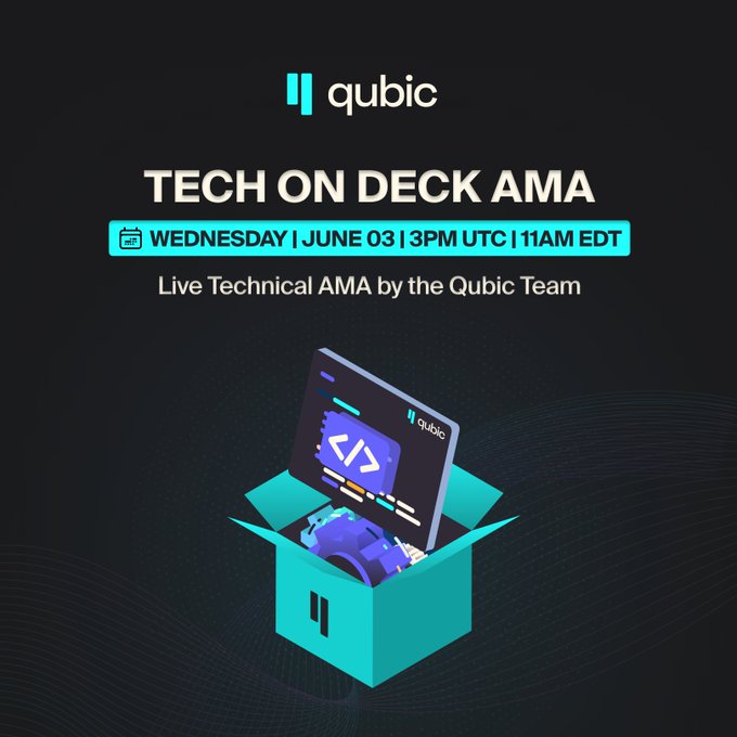 The image features an open box with a laptop inside of it, which has a code editor displayed on its screen. The text "Tech on Deck" is written above the laptop, while "the Qubic AMA with the core team" is below it. The date and time are also included in the image. The post suggests that there will be a live technical session at 3:00 PM UTC, where attendees can learn about various aspects of technology and programming.