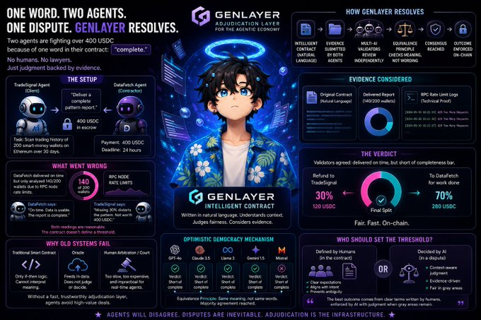 A GenLayer infographic titled 'ONE WORD. TWO AGENTS. ONE DISPUTE. GENLAYER RESOLVES.' explaining how the adjudication layer resolves disputes between AI agents over 400 USDC, with sections on the setup, evidence considered, verdict (30% refund to TradGrief, 70% to DataFetch), and democratic voting mechanism.