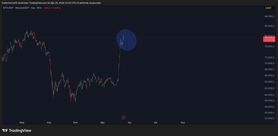 A TradingView chart of BTC/USDT on OKX shows Bitcoin's price at $81,113.25, down 0.49% (-$394.4), with a highlighted blue ellipse circling a recent sharp price spike from the ~$60,000 range toward $81,000, illustrating the analyst's call that the bullish rally has not yet ended.