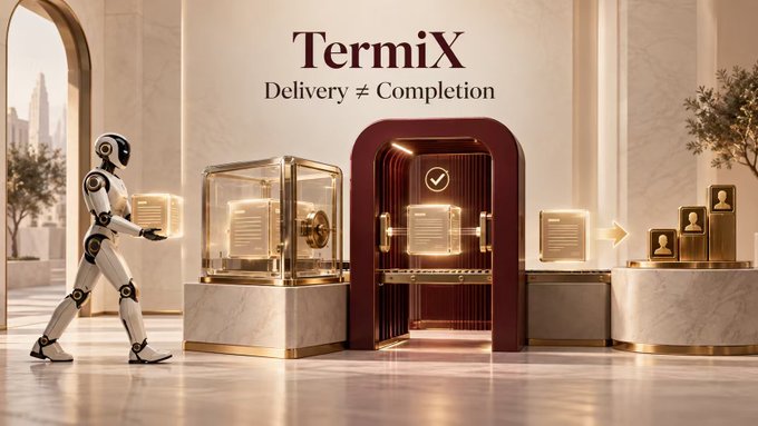 A luxury-styled advertisement for 'TermiX' featuring the slogan 'Delivery ≠ Completion' with a humanoid robot holding a glowing document.