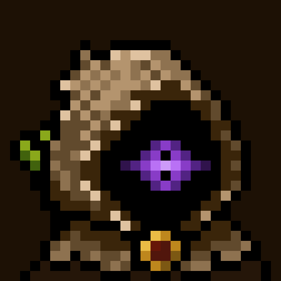 A pixel art image showing a dark hooded figure with a purple, glowing face and a red gem at its chest, set against a black background.