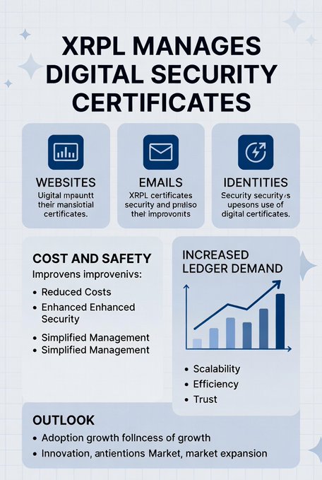 An infographic titled 'XRPL MANAGES DIGITAL SECURITY CERTIFICATES' displays sections for websites, emails, and identities, alongside cost/safety benefits and a chart showing increased ledger demand.