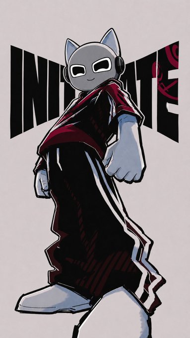 A cartoon-style character with a gray cat-like head wearing a red and black striped outfit stands confidently in front of the word 'INFINITE' in bold black letters.