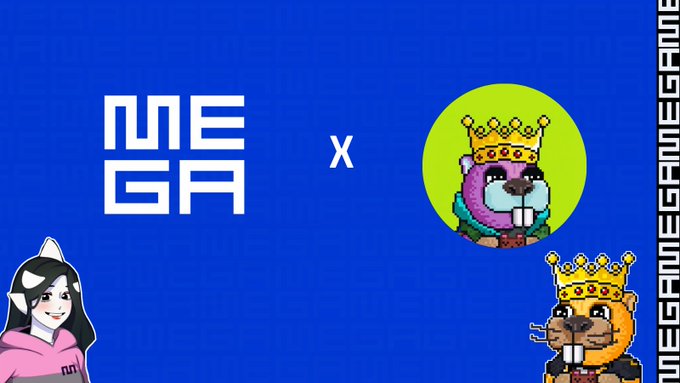 A collaboration banner featuring the MEGA logo alongside a pixel art beaver wearing a crown, with character illustrations on the sides and 'MEGA GAMING' text along the right edge.