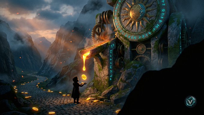 A fantasy artwork showing a small figure holding a glowing coin beneath a large stone wheel structure pouring molten gold, with scattered coins on a cobblestone path.
