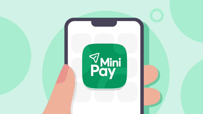 An illustration of a hand holding a smartphone displaying the green 'Mini Pay' app icon on a light green background.