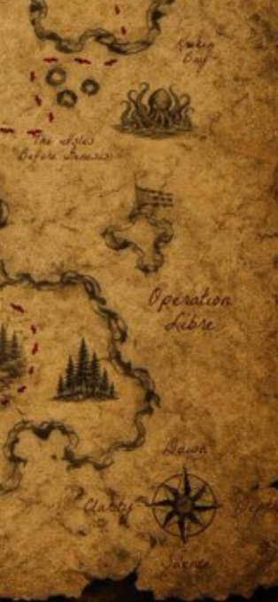 An old treasure map displays handwritten text including "Operation Libre," "Great Falls," "Kinky Bay," "Moon," and "Quebec," along with illustrations of octopus tentacles, an island with trees, and a compass rose. The map's "Operation Libre" label directly echoes the post's caption, suggesting a playful connection between the fictional treasure hunt imagery and the referenced operation.