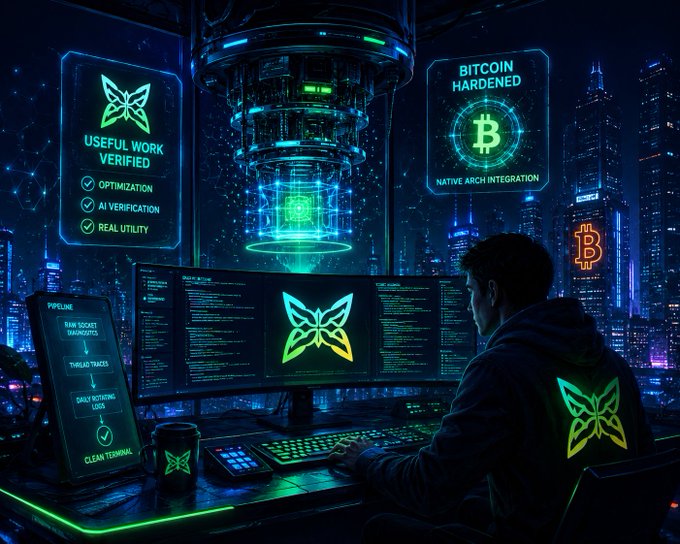 A futuristic, cyberpunk-style illustration of a person sitting at a computer setup with multiple monitors displaying butterfly logos and Bitcoin symbols, with holographic overlays reading 'USEFUL WORK VERIFIED' and 'BITCOIN HARDENED NATIVE ARCH INTEGRATION'.