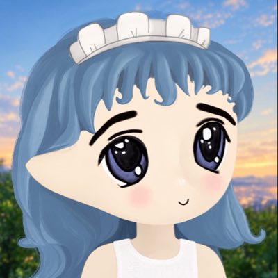 An anime-style chibi character with big blue eyes, blue hair, and a small white crown/headband, set against a sunset sky background.