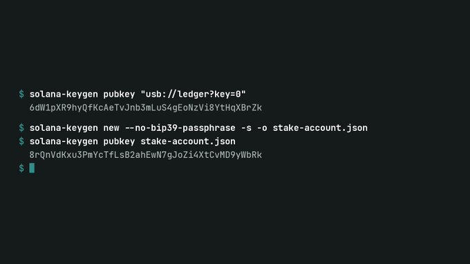 Terminal screenshot showing Solana keygen commands generating a public key from a Ledger USB device and a new stake account, displaying base58 addresses.