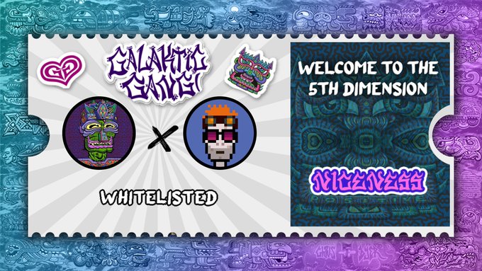 A promotional graphic featuring 'GALAKTIC GAMERS' logo, pixel art avatars, a 'WELCOME TO THE 5TH DIMENSION' panel, and 'WHITELISTED' and 'WELCOMER' text overlays on a psychedelic border.