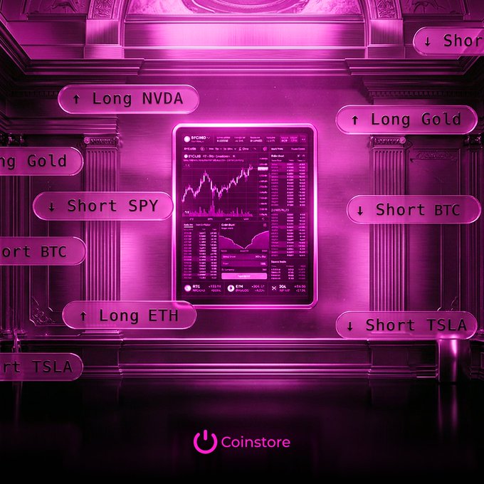 Coinstore promotional graphic with pink neon trading buttons showing Long NVDA, Short SPY, Long Gold, Short BTC, Long ETH, and Short TSLA around a central BTC price chart.