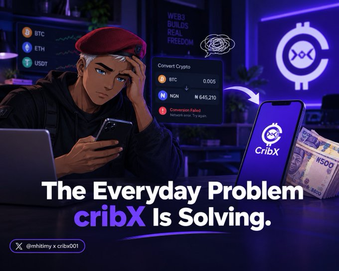An anime-style illustration of a young man holding a phone with text 'The Everyday Problem cribX Is Solving,' featuring a failed BTC to NGN crypto conversion and a smartphone showing the cribX app beside stacks of naira.