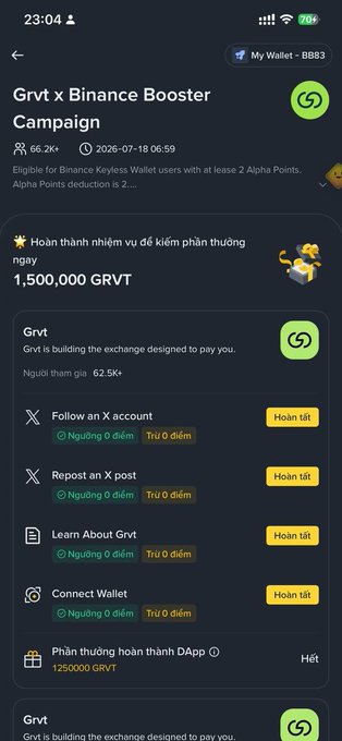A mobile app screenshot of a 'Grvt x Binance Booster Campaign' showing tasks like following on X, reposting, and connecting a wallet to earn 1,500,000 GRVT points.