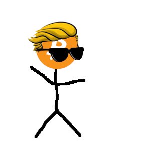 A crudely drawn stick figure sports a flashy blonde Trump-style hairstyle and oversized black sunglasses, with a yellow Bitcoin "₿" symbol where its face should be—matching the post's claim of being a "Bitcoiner from the metaverse" through its intentionally low-effort, MS Paint-esque style.