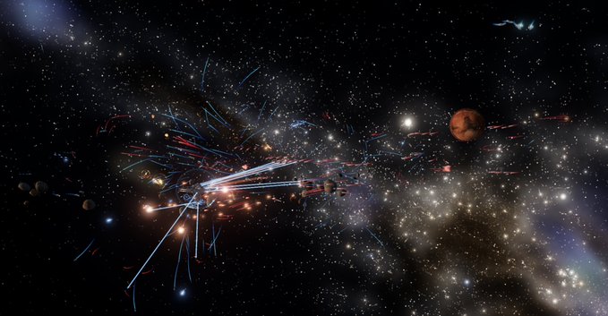 A space-themed digital artwork showing a dense starfield with a reddish planet, asteroids, and colorful streaks of light converging in the center.