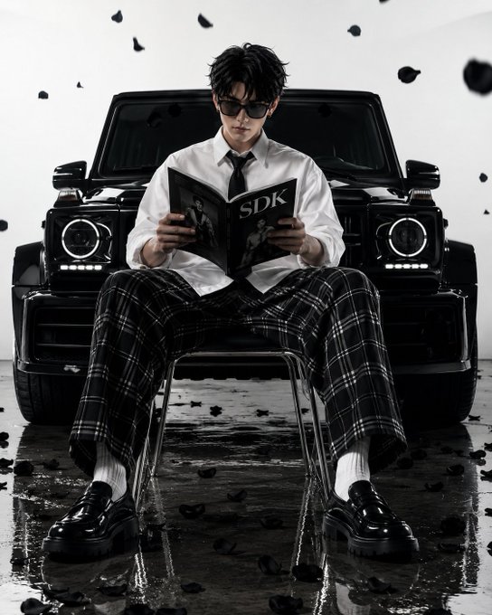 A stylish young man in a white shirt, black tie, sunglasses, and plaid pants sits on a chair reading an 'SDK' magazine, posed in front of a black SUV with rose petals falling around him.