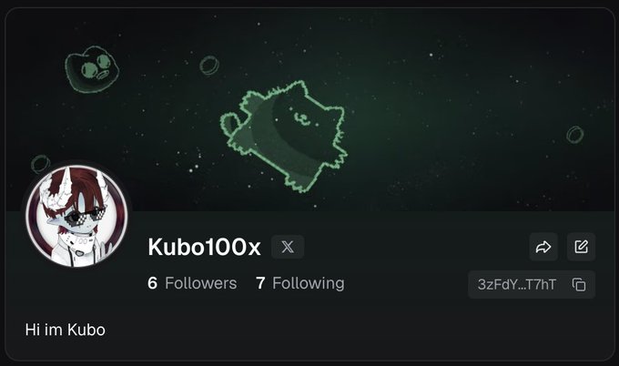 Profile page for 'Kubo100x' on a social platform with the handle '3zFdY...T7hT', showing '6 Followers' and '7 Following', with a bio 'Hi im Kubo' and a green pixel-art cat banner.