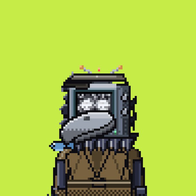 A pixel art character with a television for a head showing a skull face, wearing a suit, set against a bright yellow-green background.